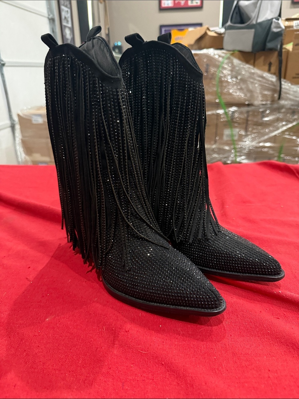 Fringed Black Rhinestone Pointed-Toe Women's Ankle Boots